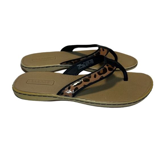 Sperry Top Sider Leather Flip Flop Sandals Tan Black Leopard Print Size 8m Comfy - Picture 2 of 15